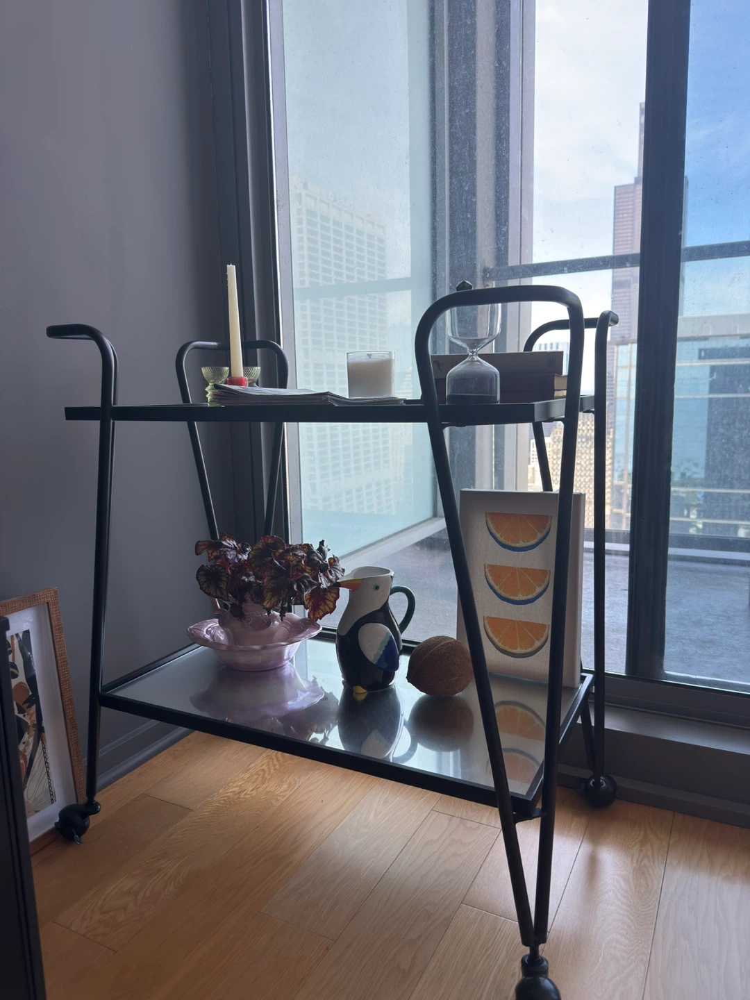 Black Metal and Glass Bar Cart with Wheels