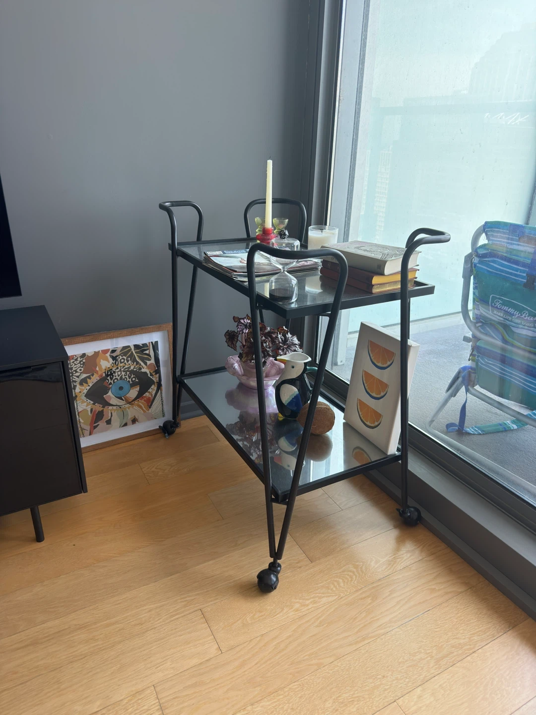 Black Metal and Glass Bar Cart with Wheels - photo 3