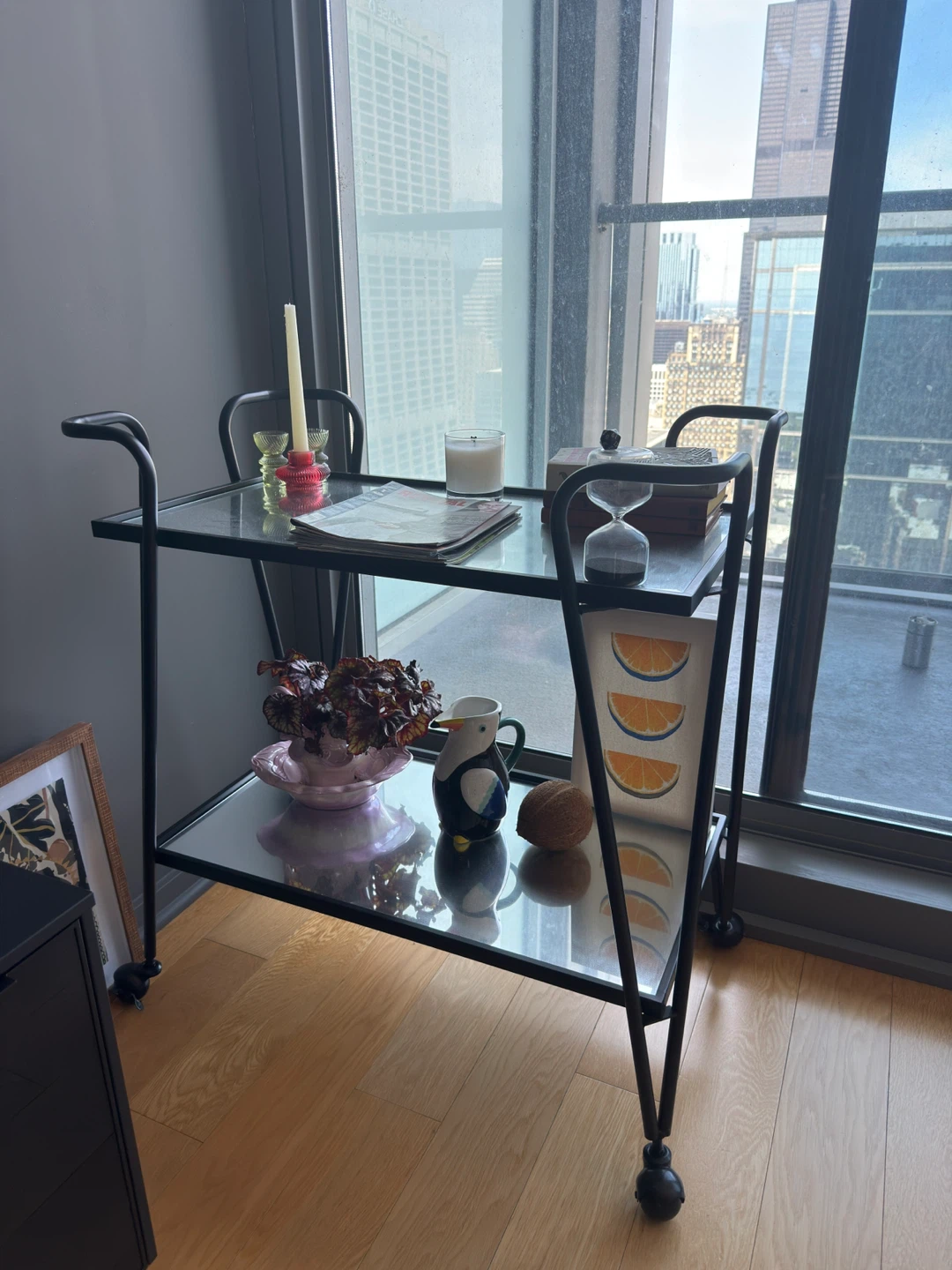 Black Metal and Glass Bar Cart with Wheels - photo 4