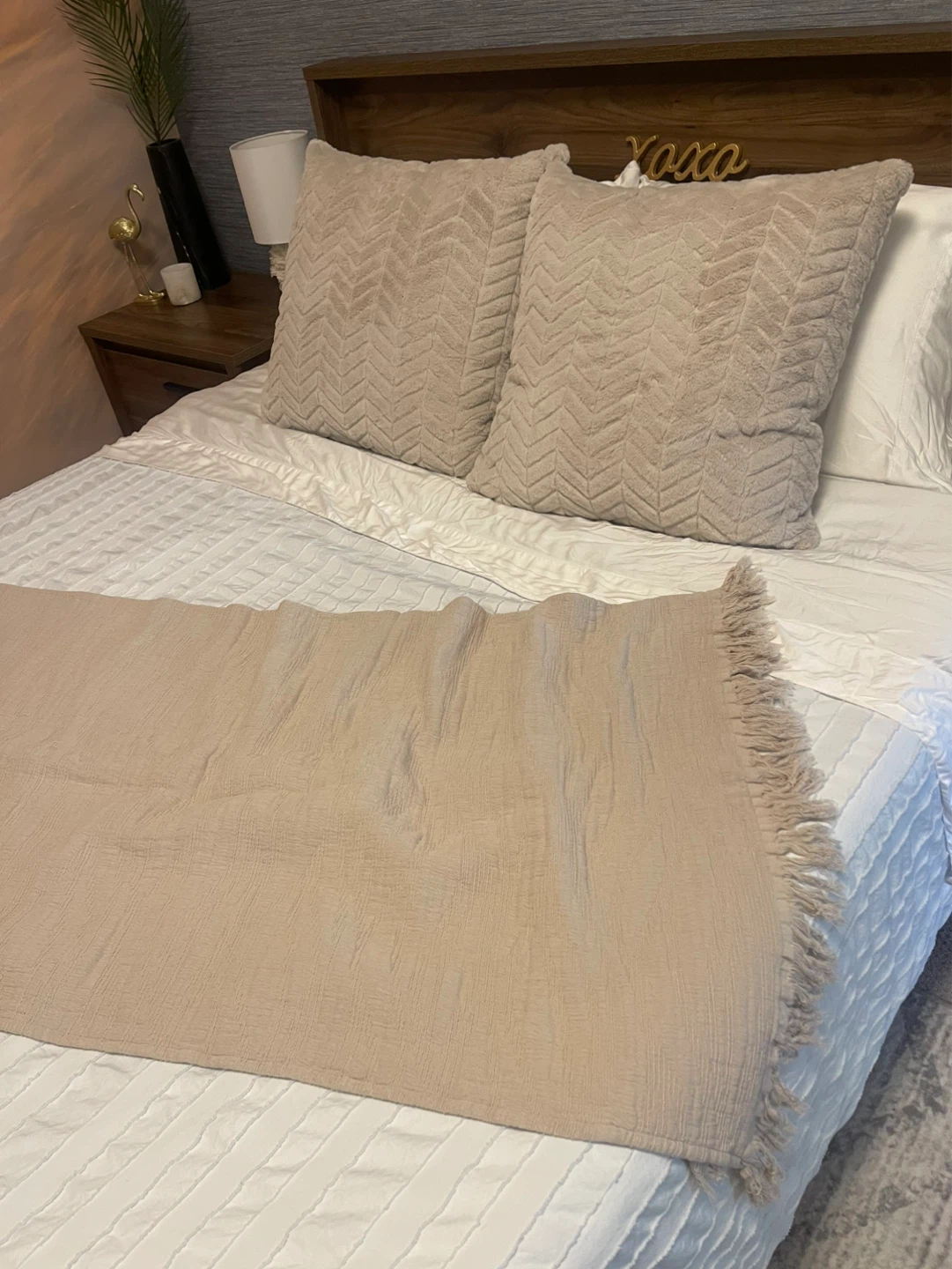 Pair of Beige Cushions & Throw Blanket