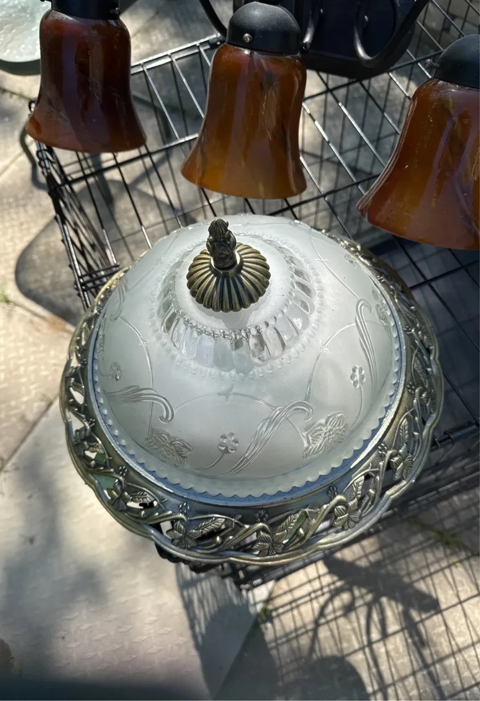 Vintage Frosted Glass Pendant Light with Amber Accents