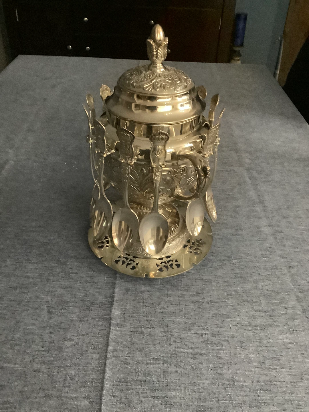 Ornate Silver Plated Spoon Set with Decorative Holder