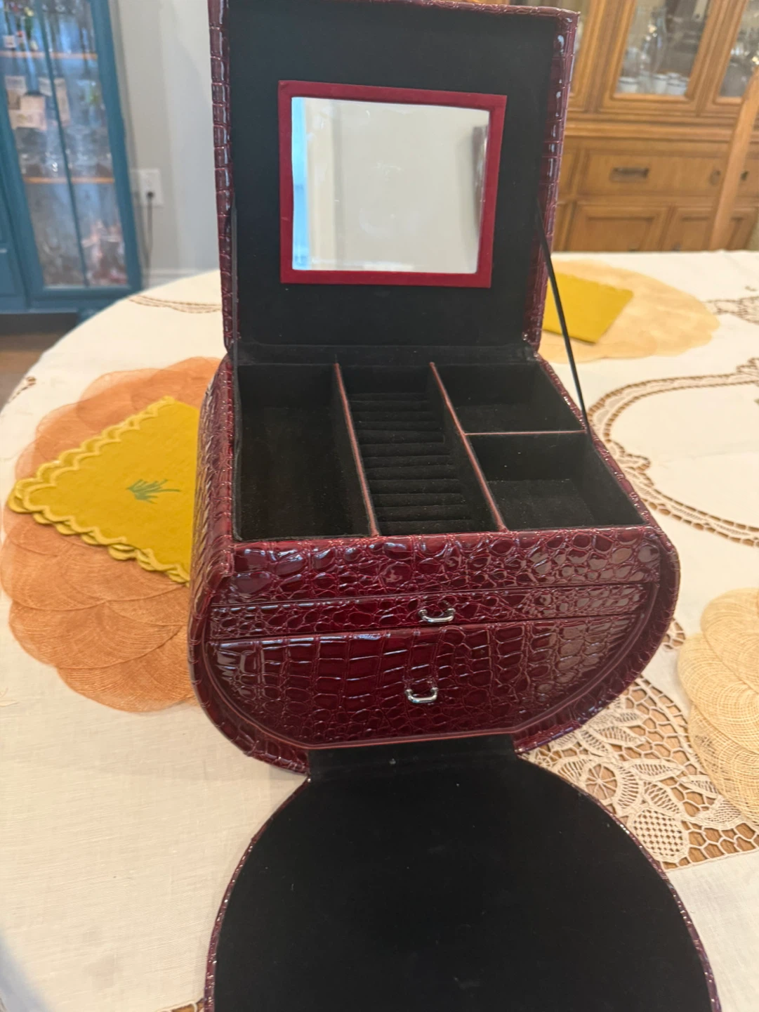 Red Faux Croc Jewelry Box with Mirror and Drawers - photo 3