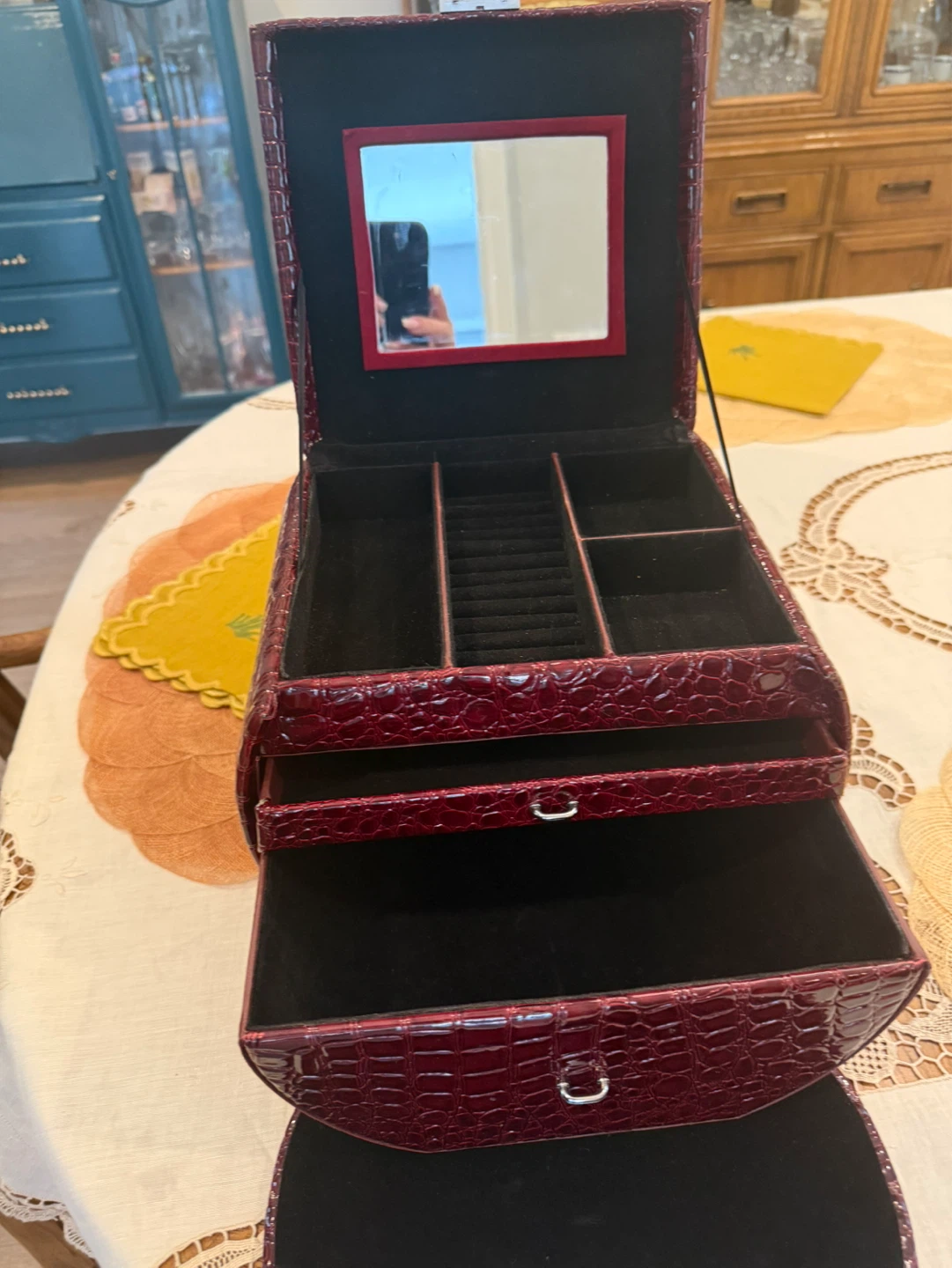 Red Faux Croc Jewelry Box with Mirror and Drawers