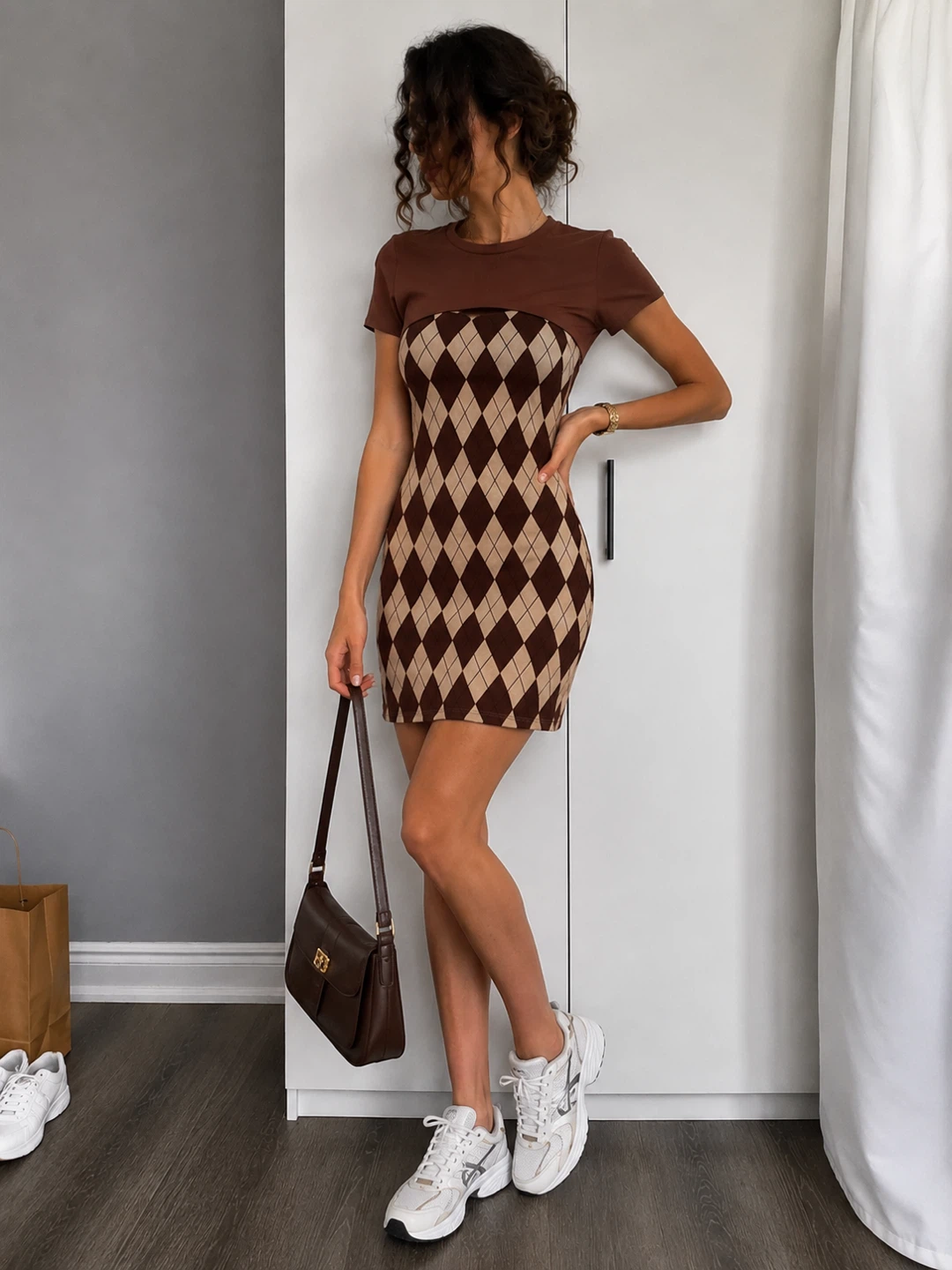 SHEIN Argyle Print Dress with Brown Cropped T-Shirt