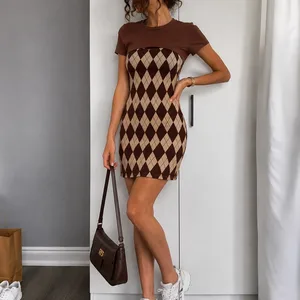 SHEIN Argyle Print Dress with Brown Cropped T-Shirt
