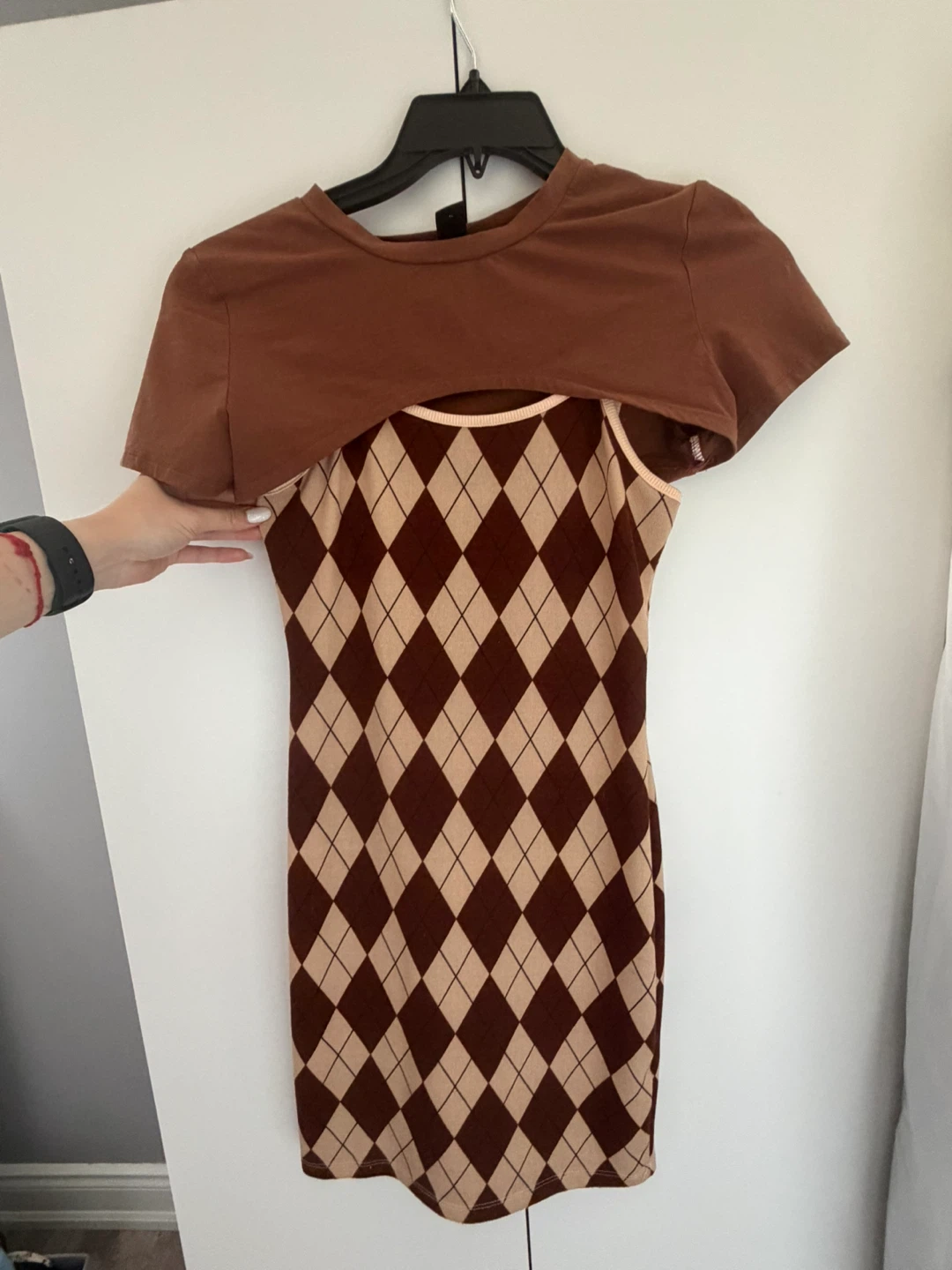 SHEIN Argyle Print Dress with Brown Cropped T-Shirt - photo 2