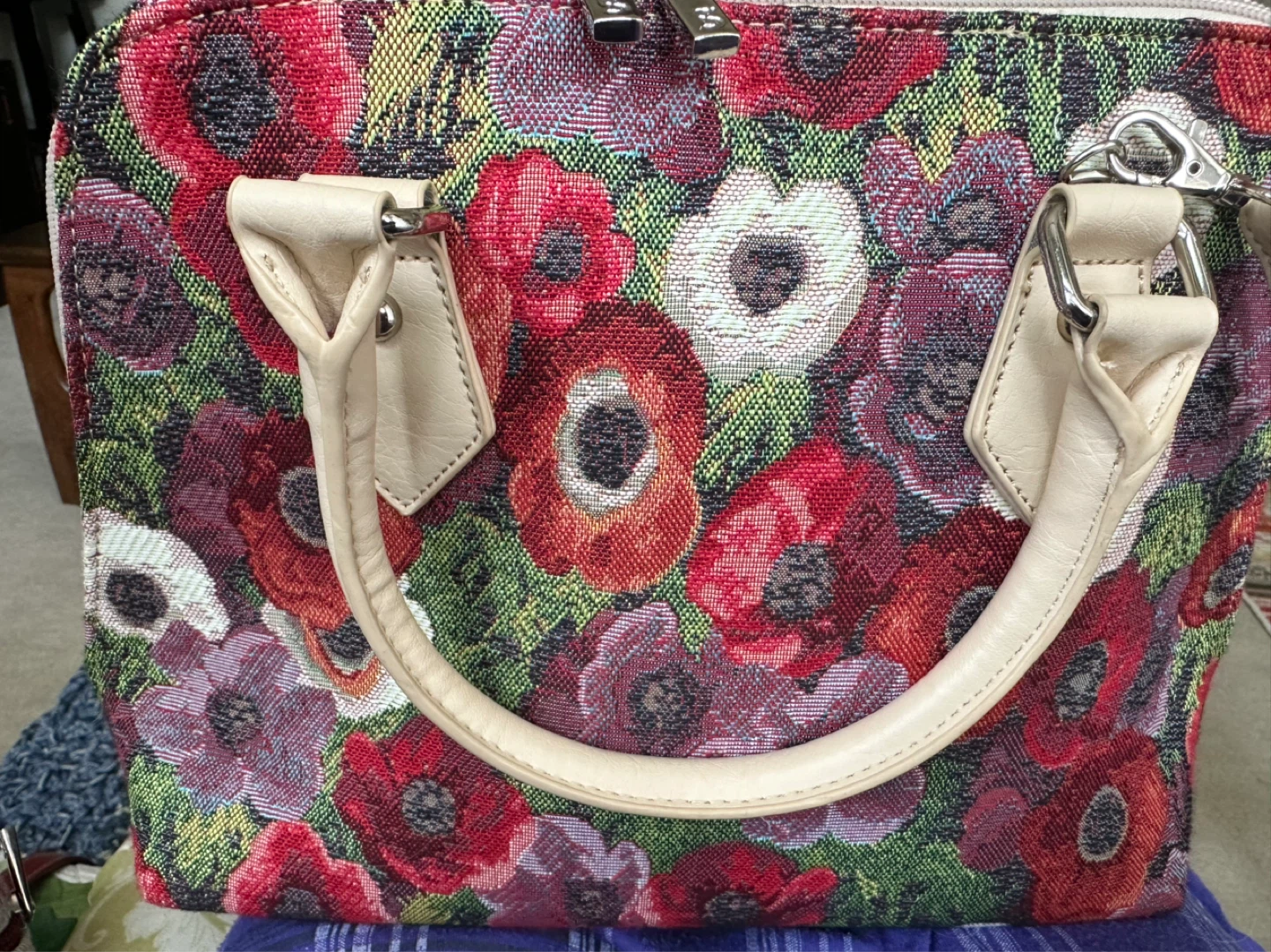 Tapestry Floral Handbag with Cream Straps