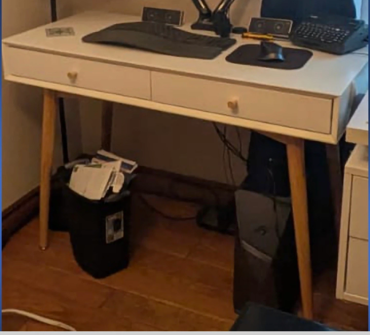 White Two-Drawer Desk with Wooden Legs