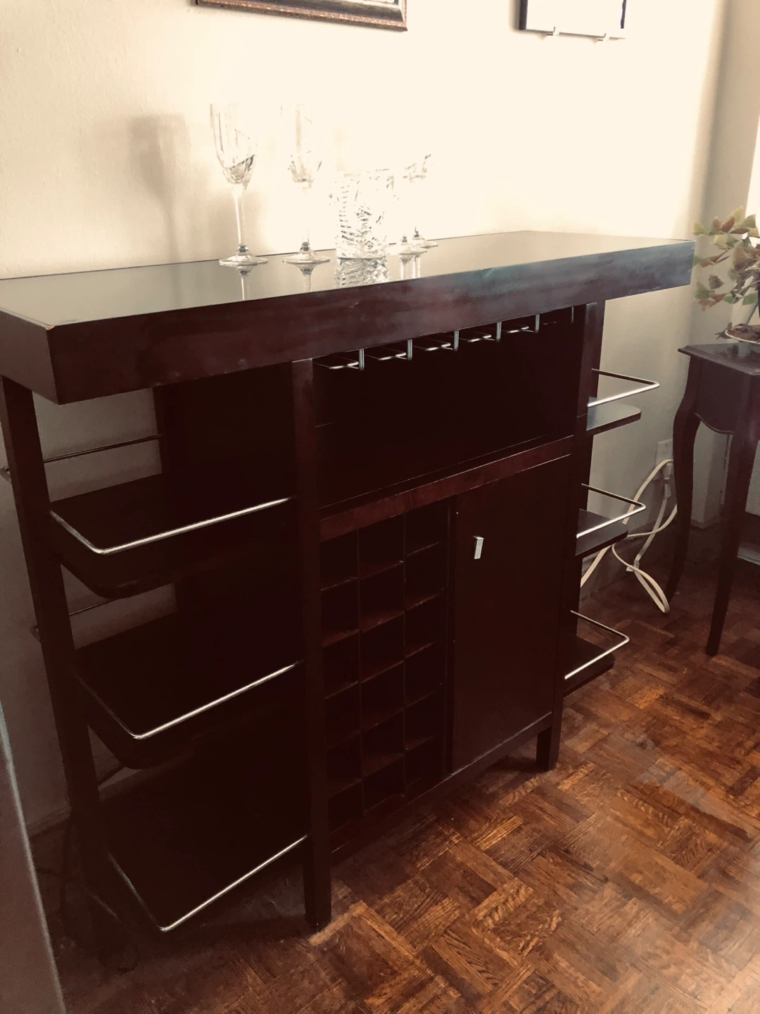 Dark Wood Bar Caninet with Wine Rack and Glass Holders
