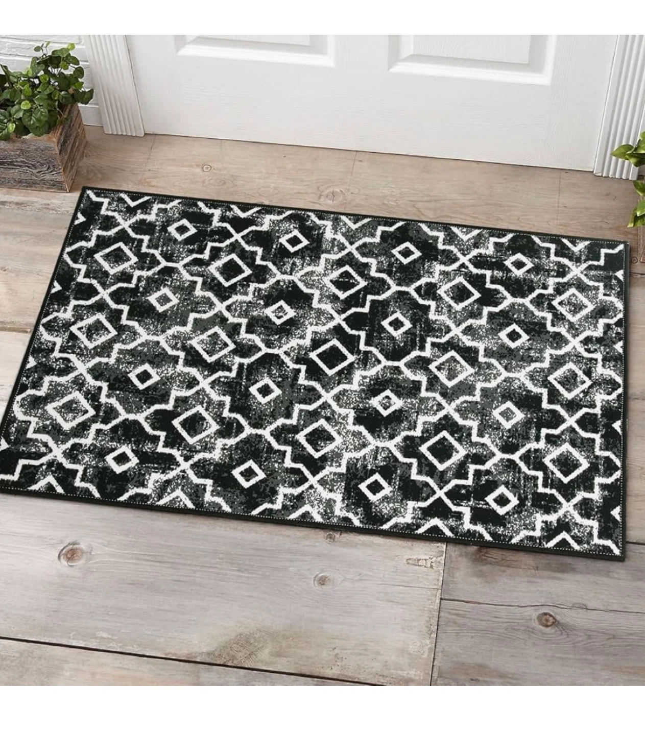 Machine Washable Doormat Black & White Geometric Pattern