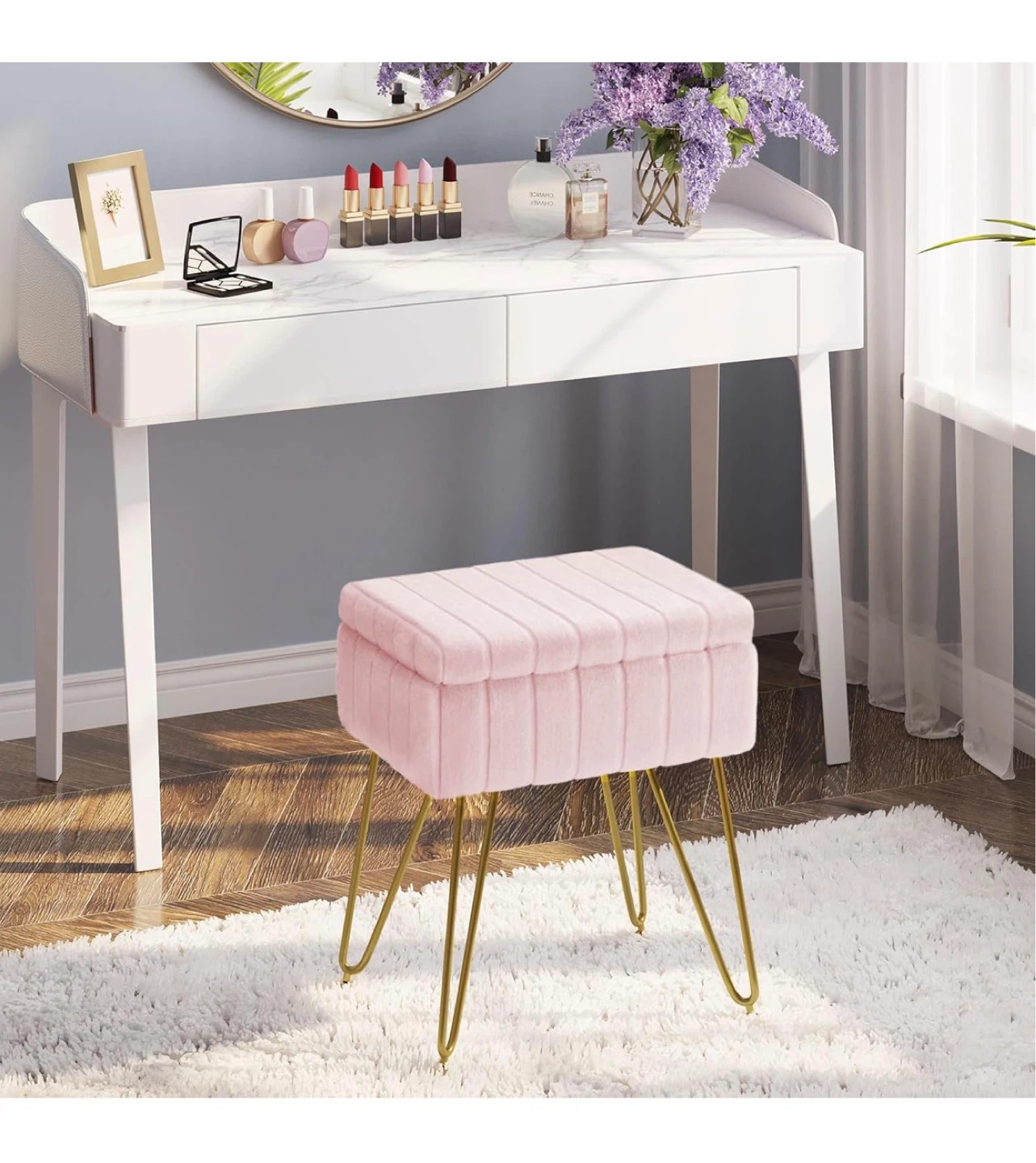 Pink Faux Fur Storage Ottoman Bench - photo 3