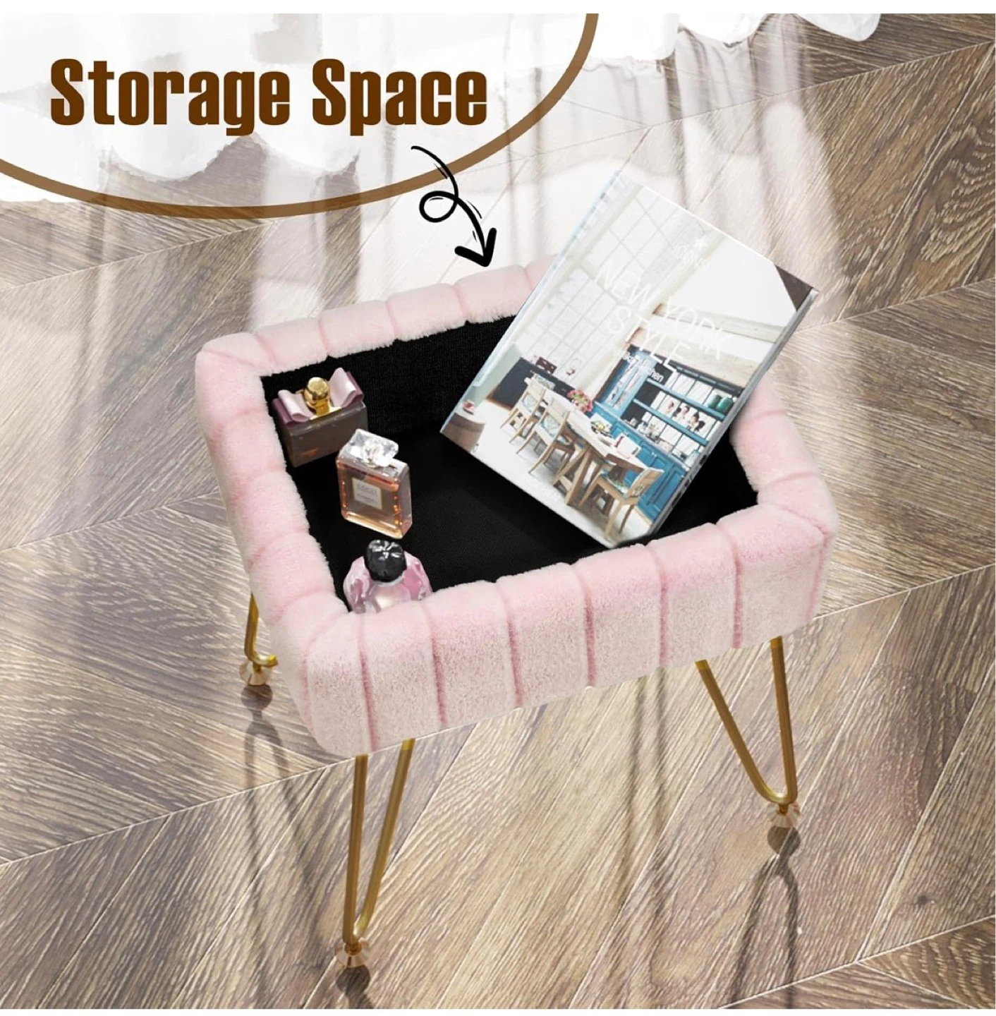 Pink Faux Fur Storage Ottoman Bench - photo 4