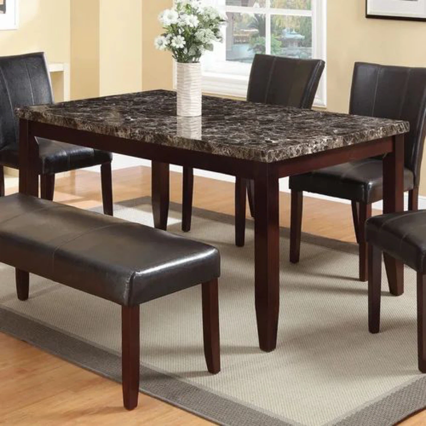 Dining Table Set with Faux Marble Top and Dark Brown Chairs