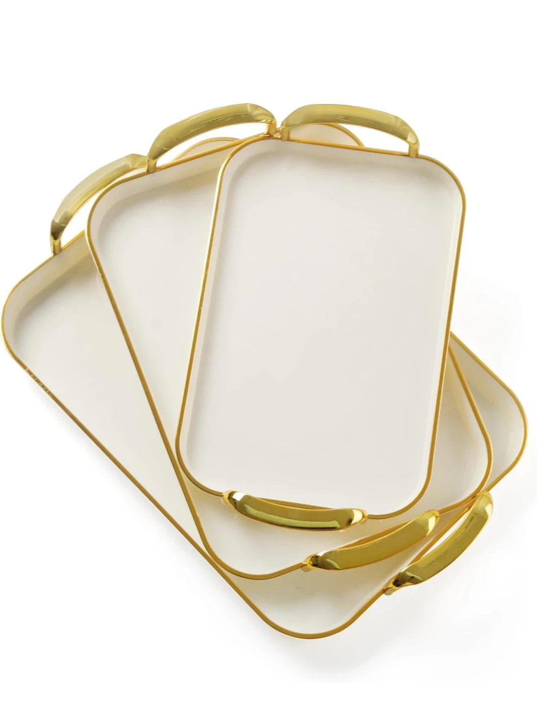 Set of 3 White Serving Trays with Gold Handles