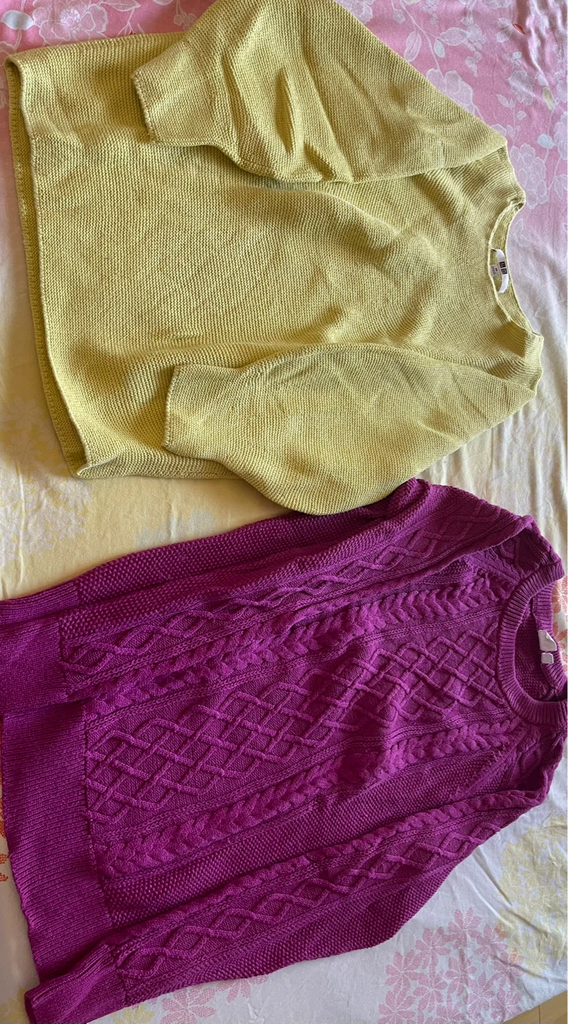 Purple Cable Knit Sweater & Yellow Textured Sweater Bundle