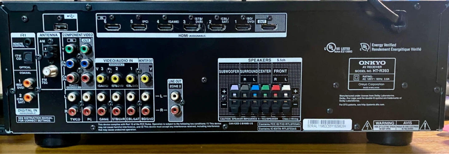 Onkyo AV Receiver HT-R393 remote and 3 speakers and  Sub - photo 5