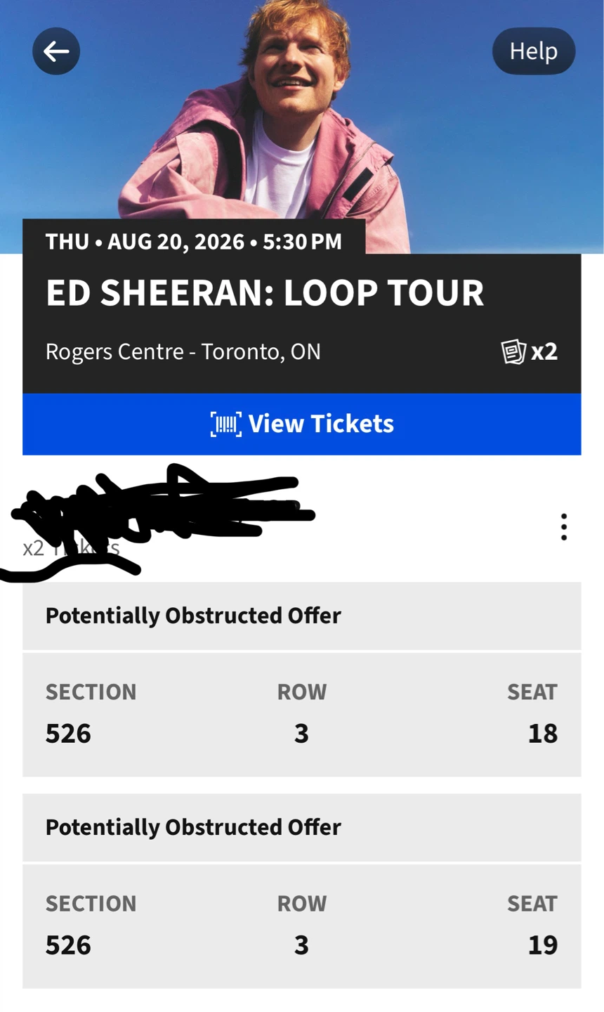 2 Ed Sheeran Loop Tour Tickets - Aug 20, 2026