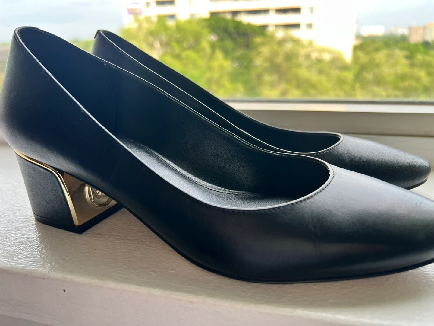 Michael Kors Black Leather Pumps with Gold Heel Accent