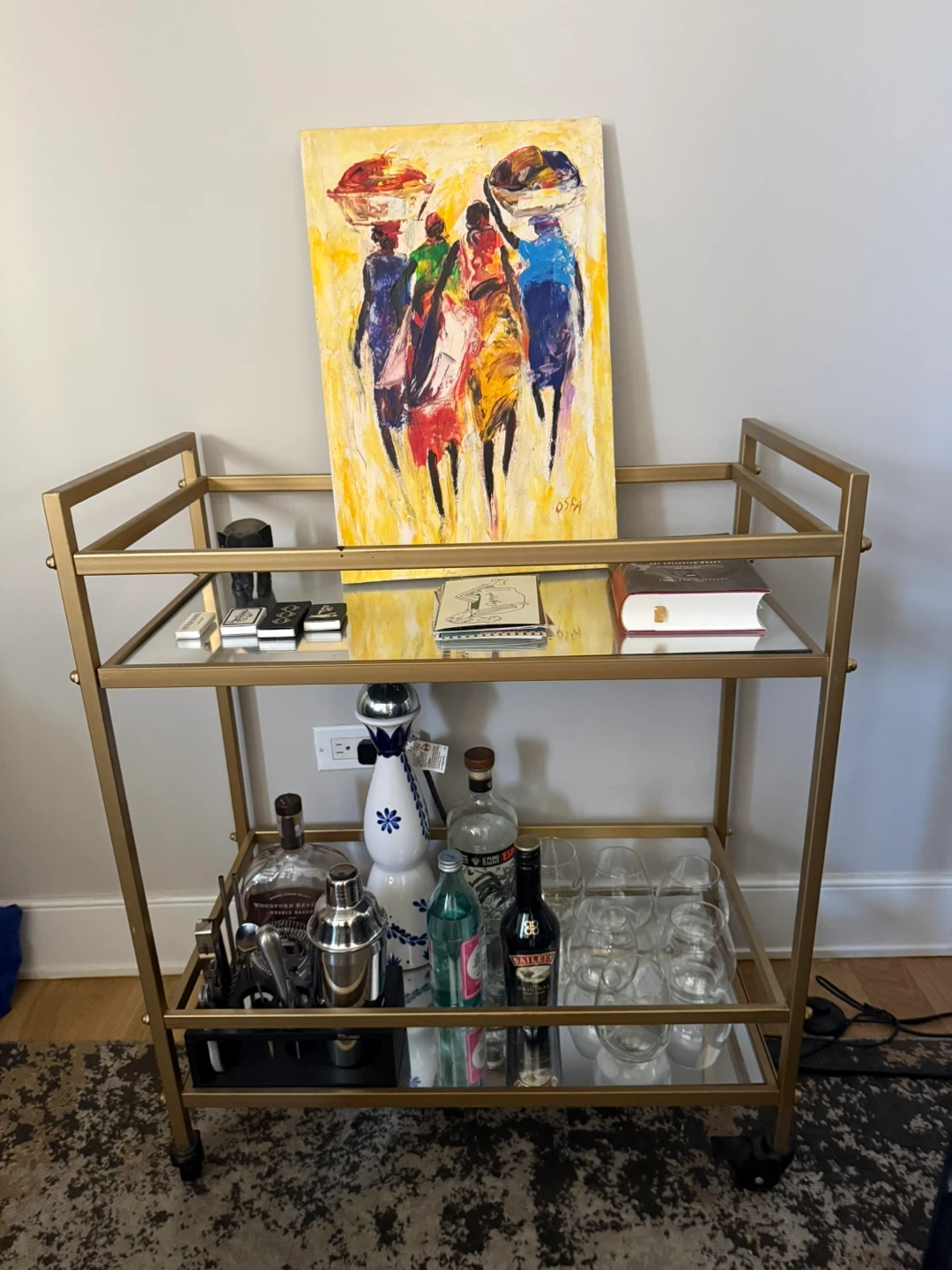 Gold Bar Cart with Mirrored Shelves