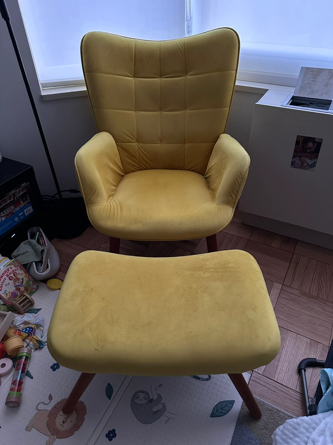MOVING SALE - Yellow Velvet Accent Chair with Ottoman - photo 2