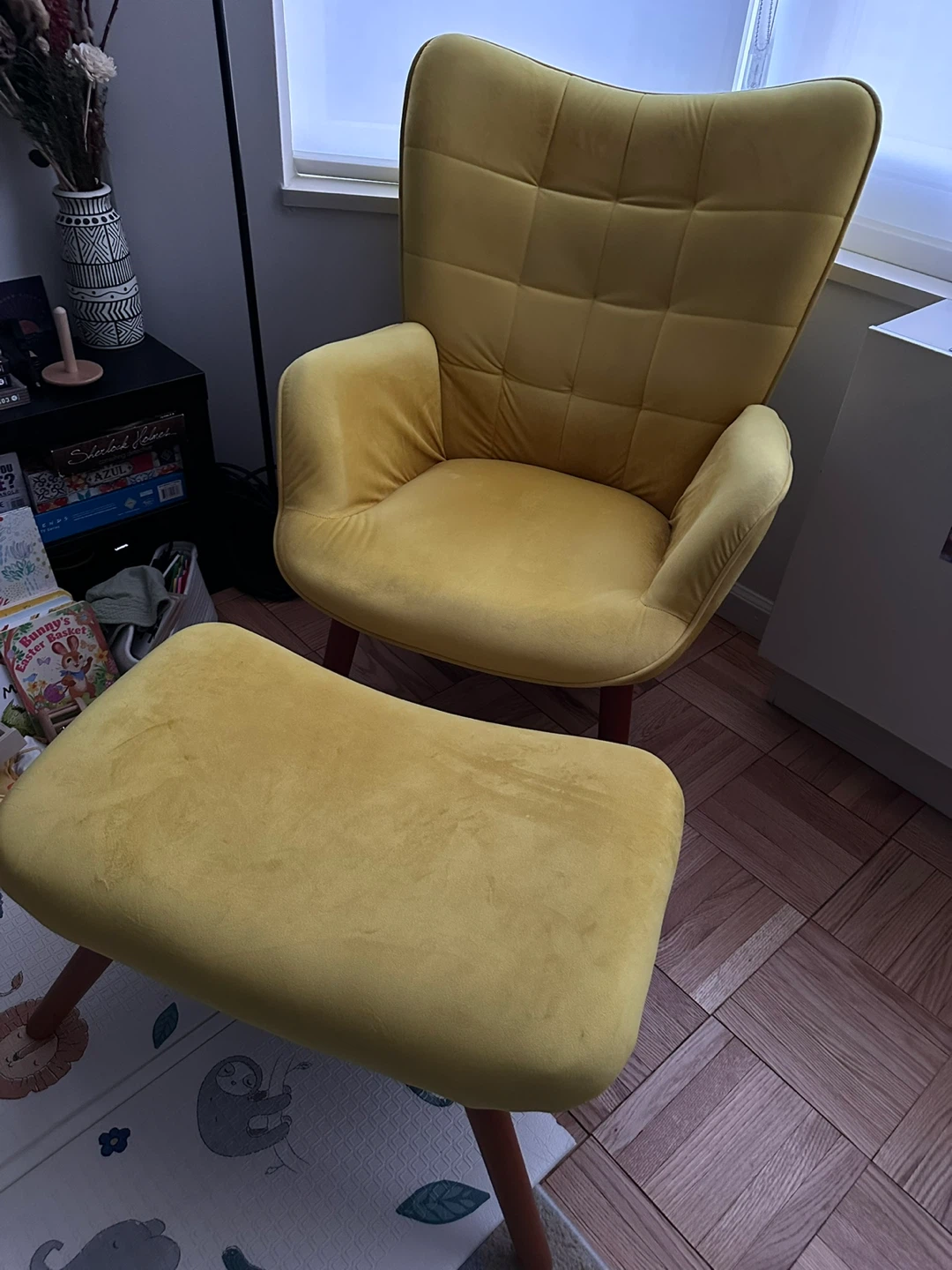 MOVING SALE - Yellow Velvet Accent Chair with Ottoman