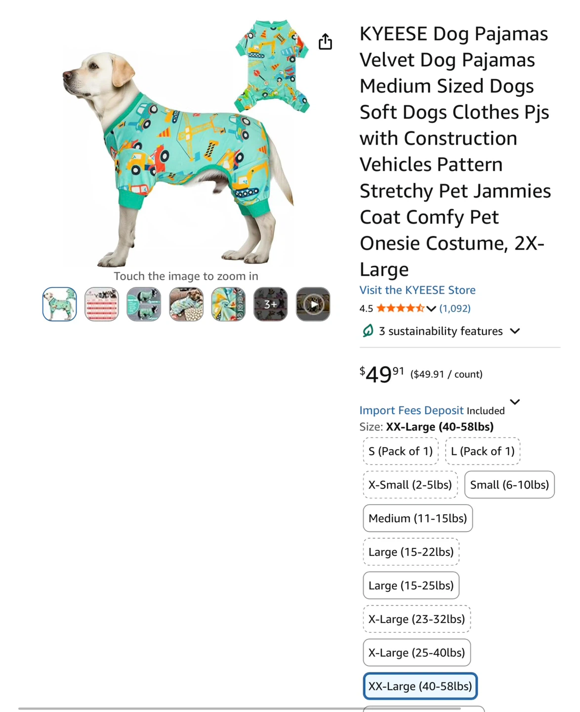 New KYEESE Dog Pajamas XX-Large Construction Print