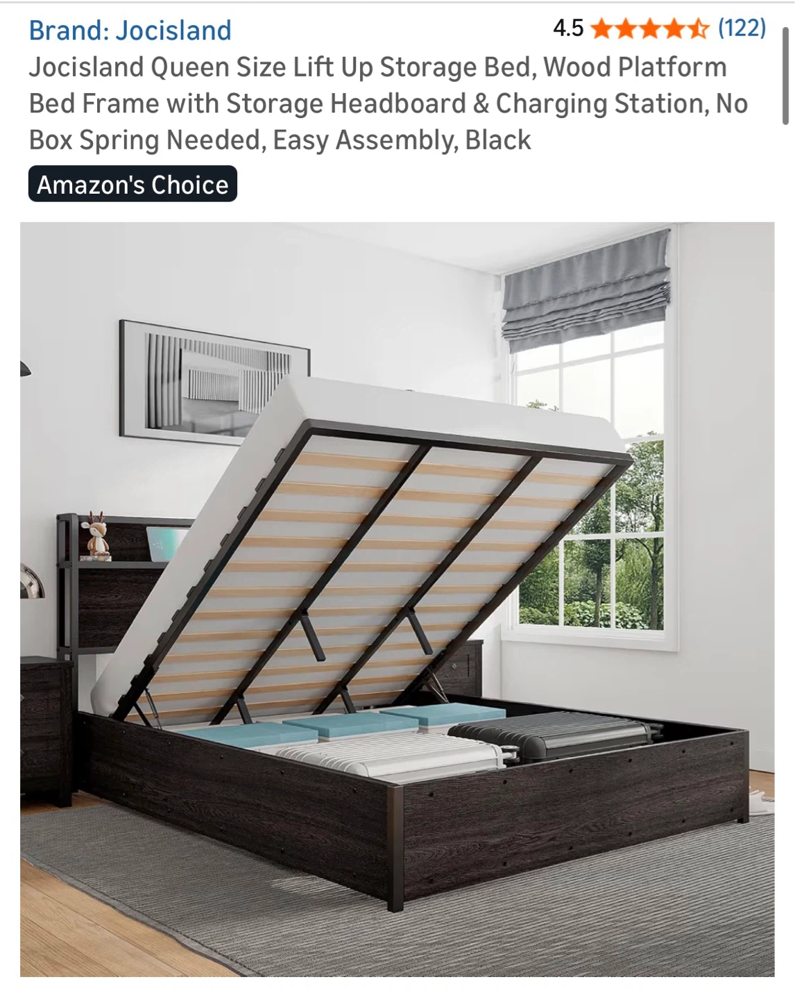 Queen Size Black Storage Bed with Charging Station