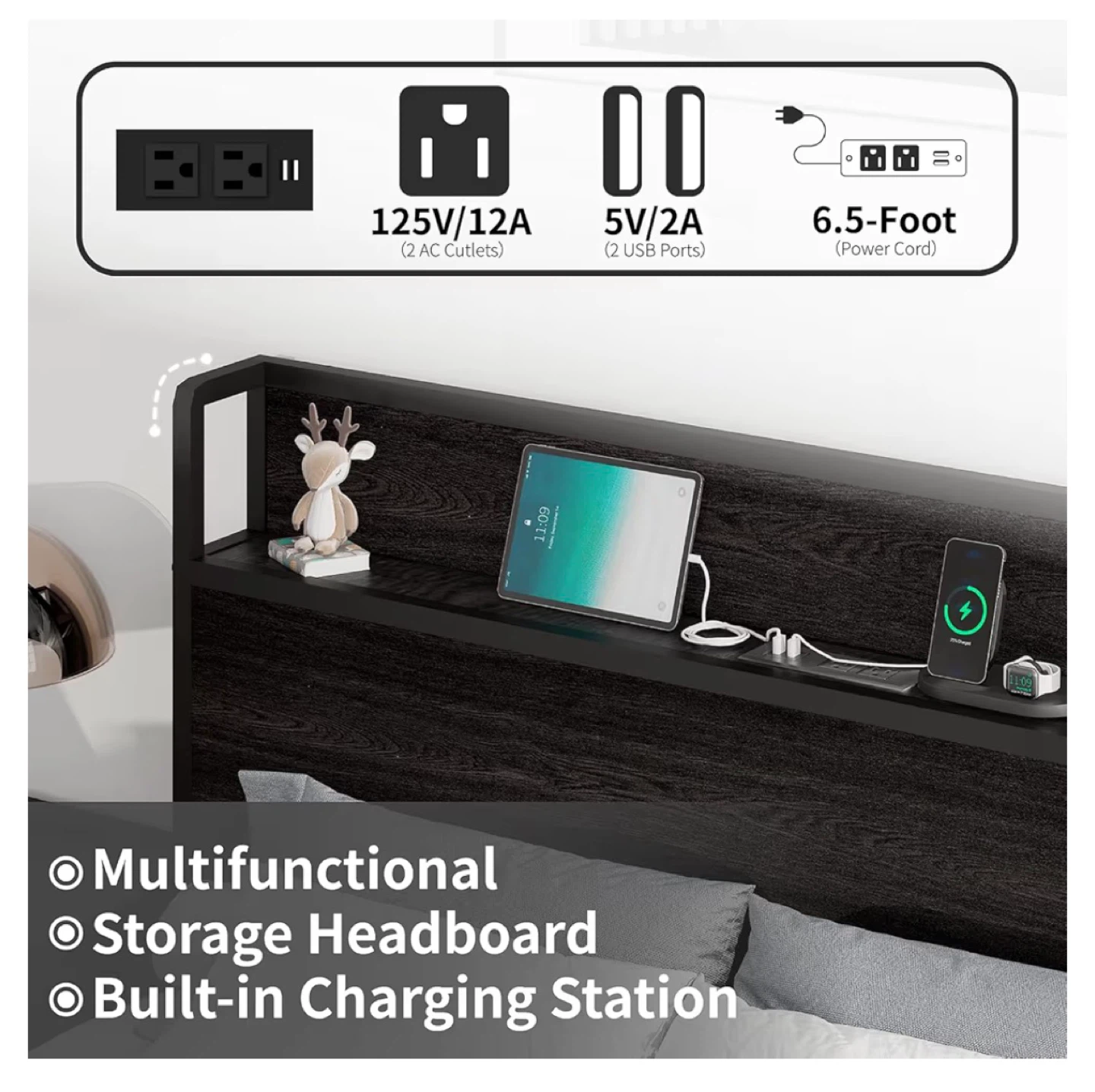 Queen Size Black Storage Bed with Charging Station - photo 2