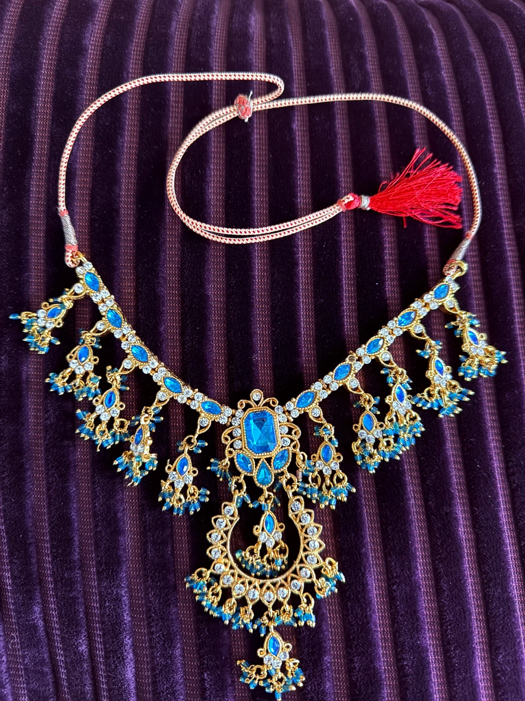 Gold & Blue Jewel Choker Necklace Set with Earrings and Tikka - photo 4