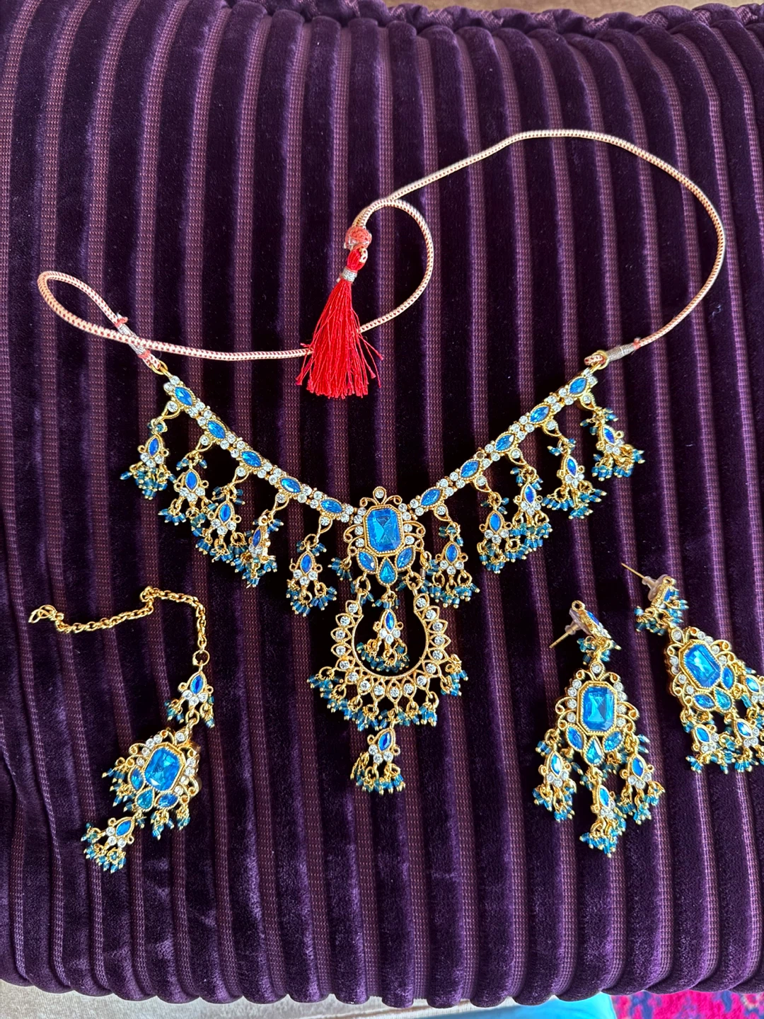 Gold & Blue Jewel Choker Necklace Set with Earrings and Tikka