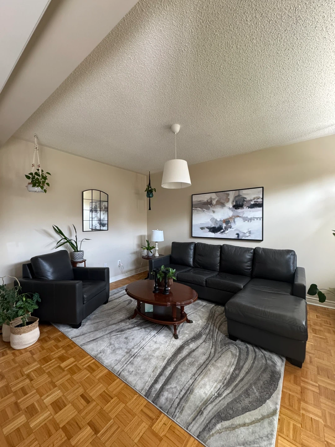 Dark Grey Leather Sectional Sofa and Armchair