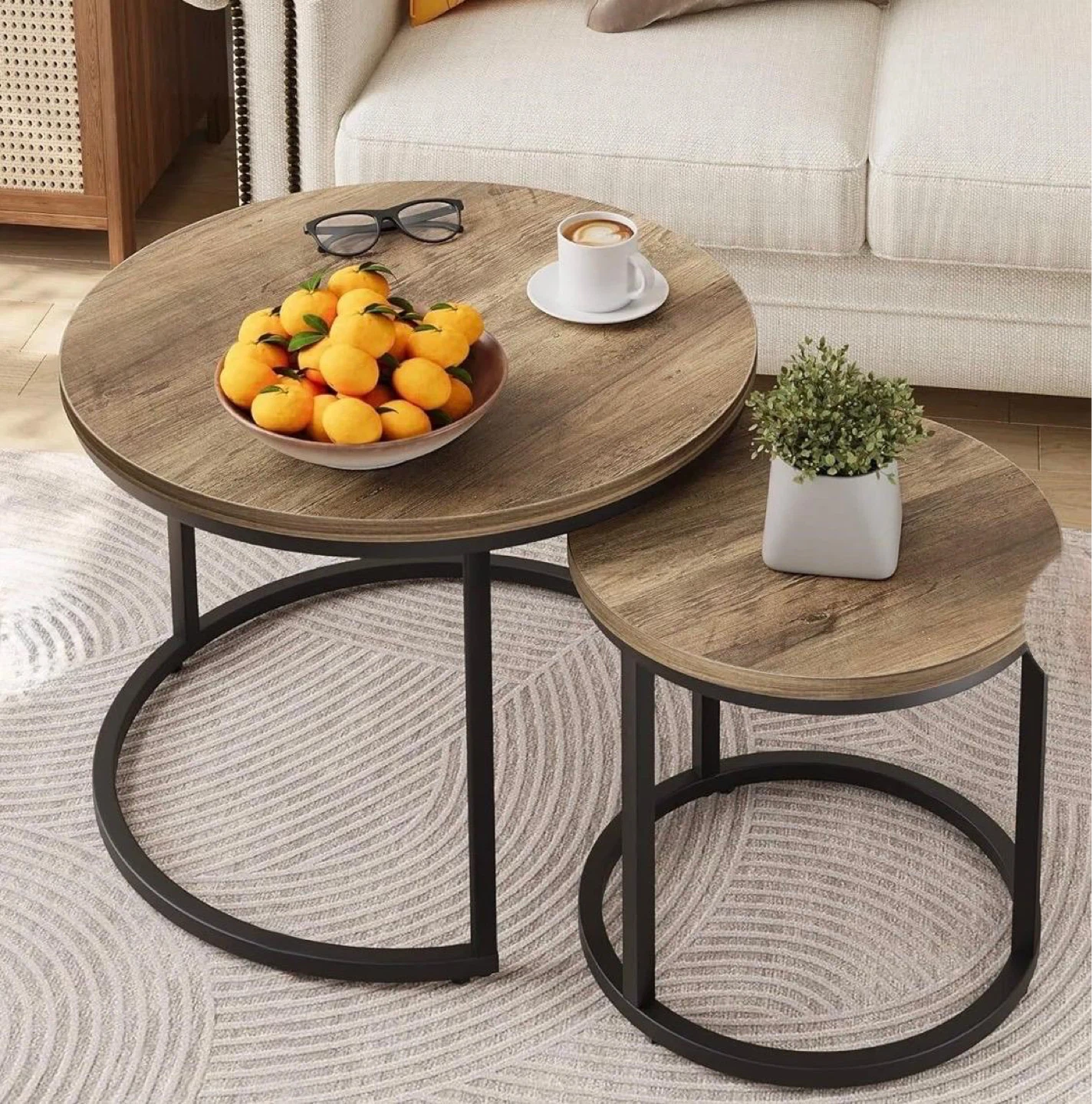 Round Nesting Coffee Tables - Wood Look Top
