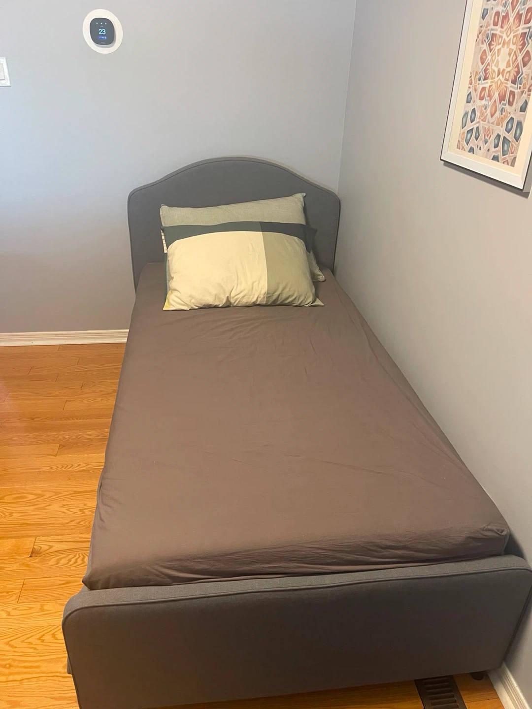 Grey Upholstered Twin Bed Frame with Headboard