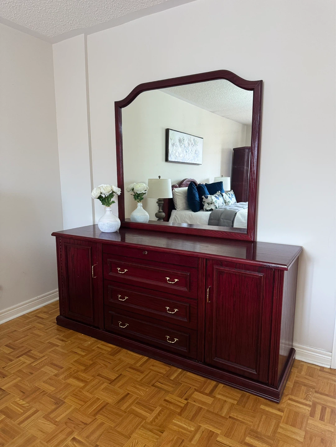 Cherry Wood Bedroom Set - Nightstand & Dresser with Mirror