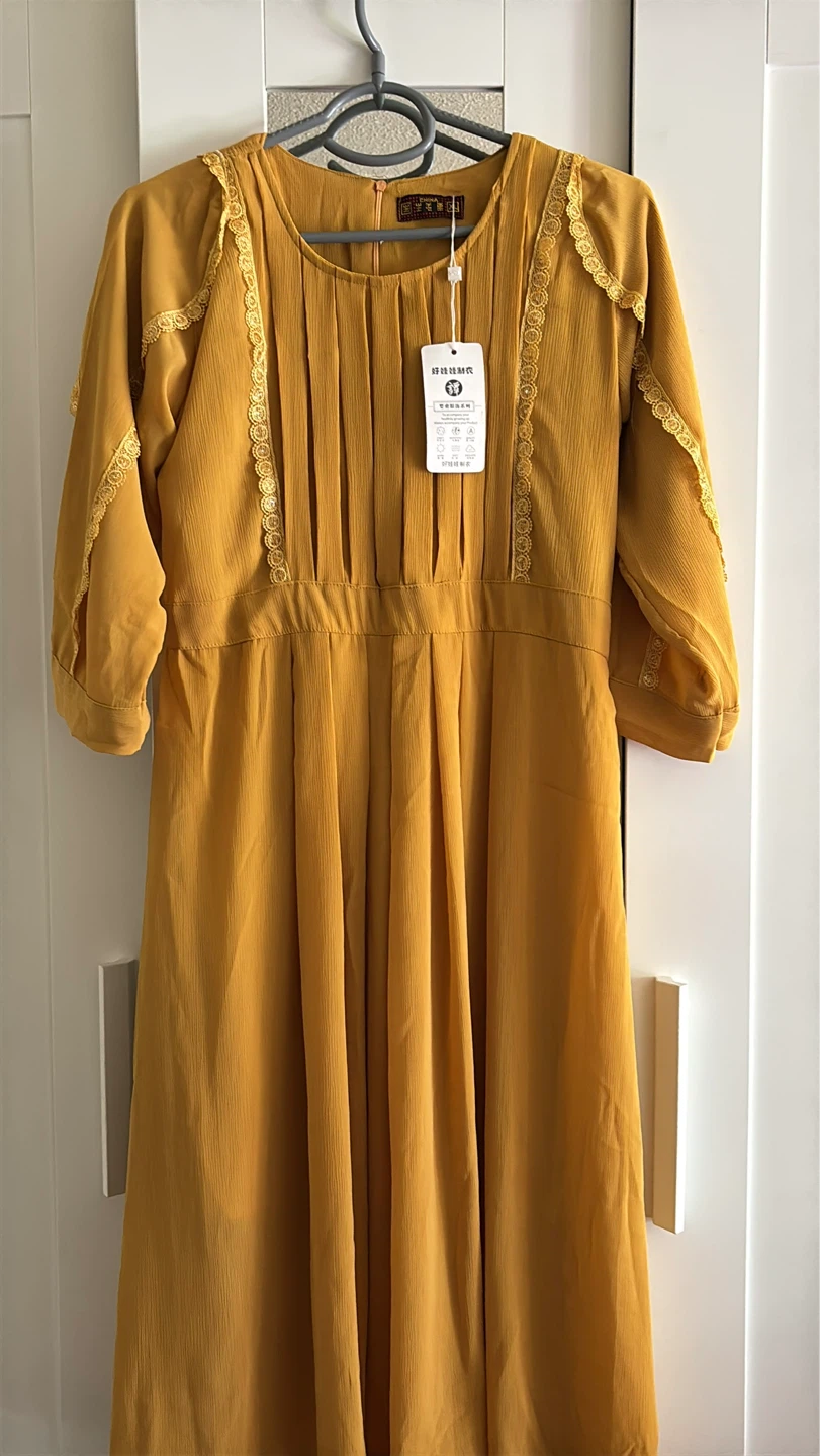 Women's Mustard Yellow Dress with Lace Trim - photo 2