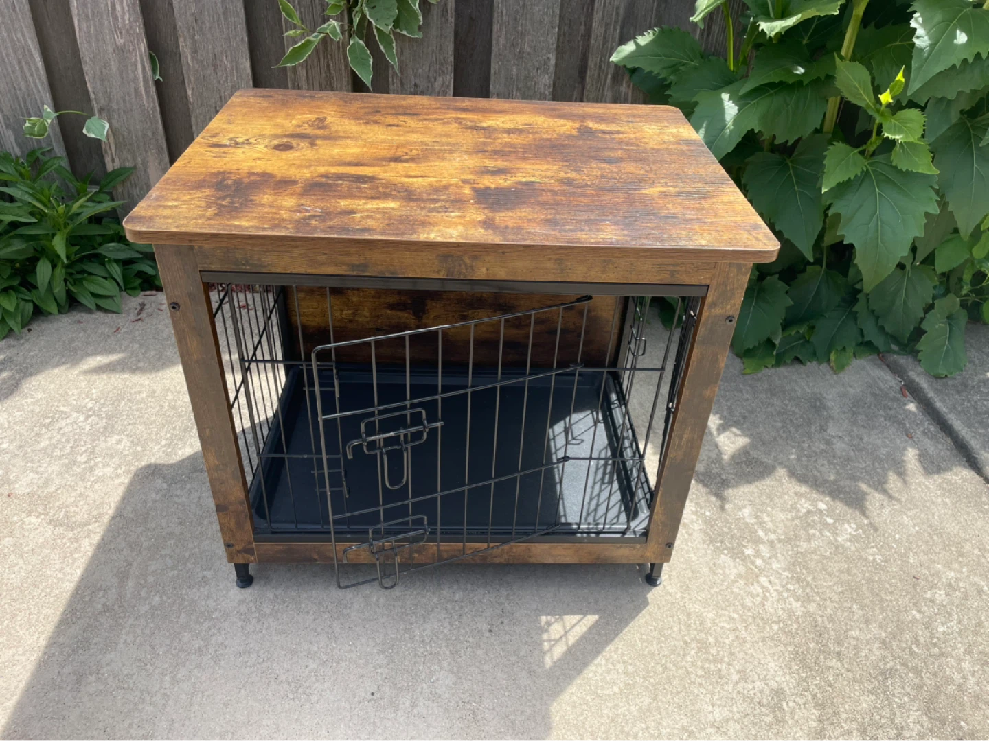 Wood end table wire dog crate double opening with removable tray