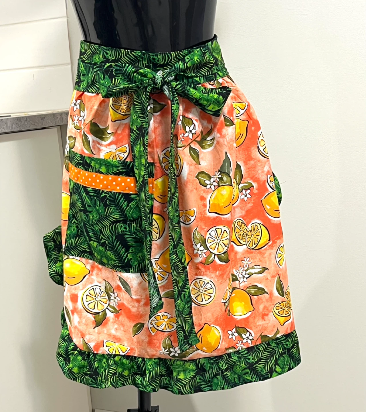 Handmade by me.Lemon Print Half Apron with Pockets