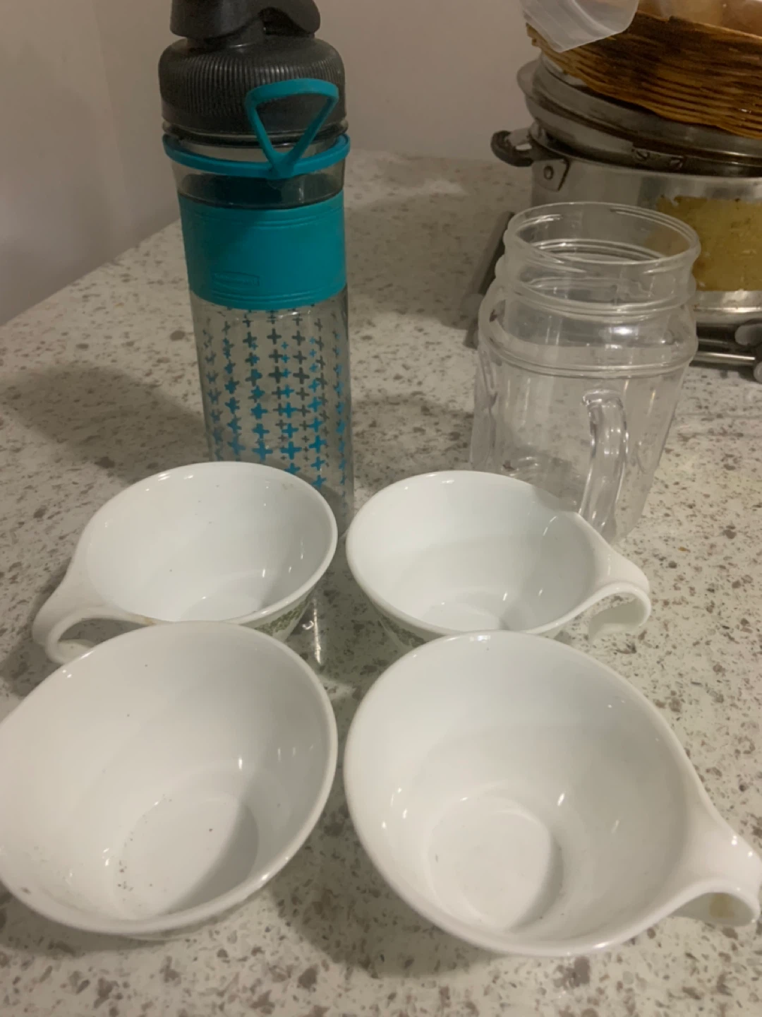 4 White Corelle Bowls, Water Bottle and Mason Jar