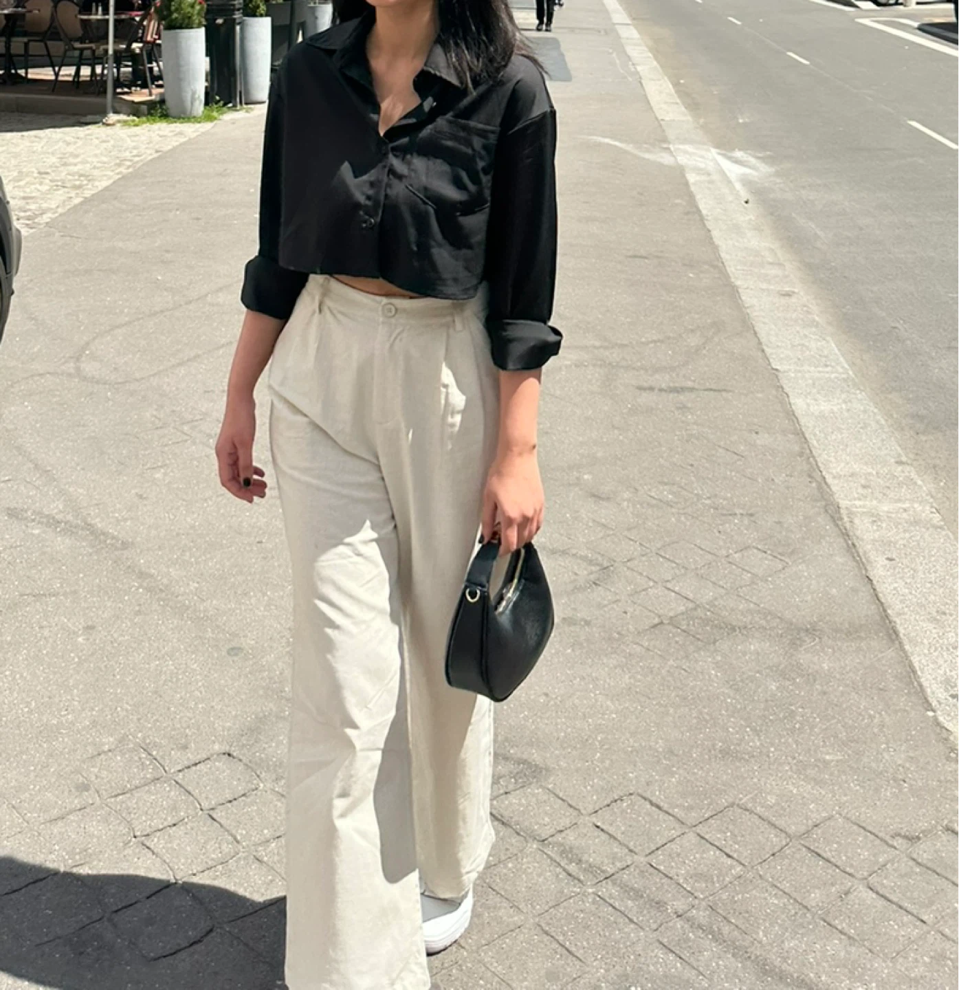Black Cropped Collared Button-Up Shirt