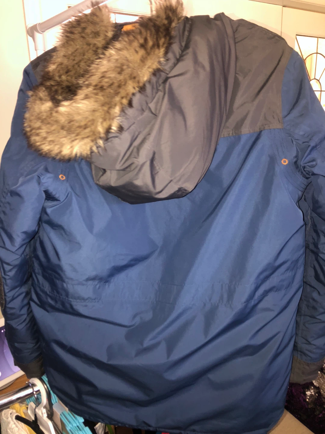 Lands' End Blue Parka with Faux Fur Hood - Size L