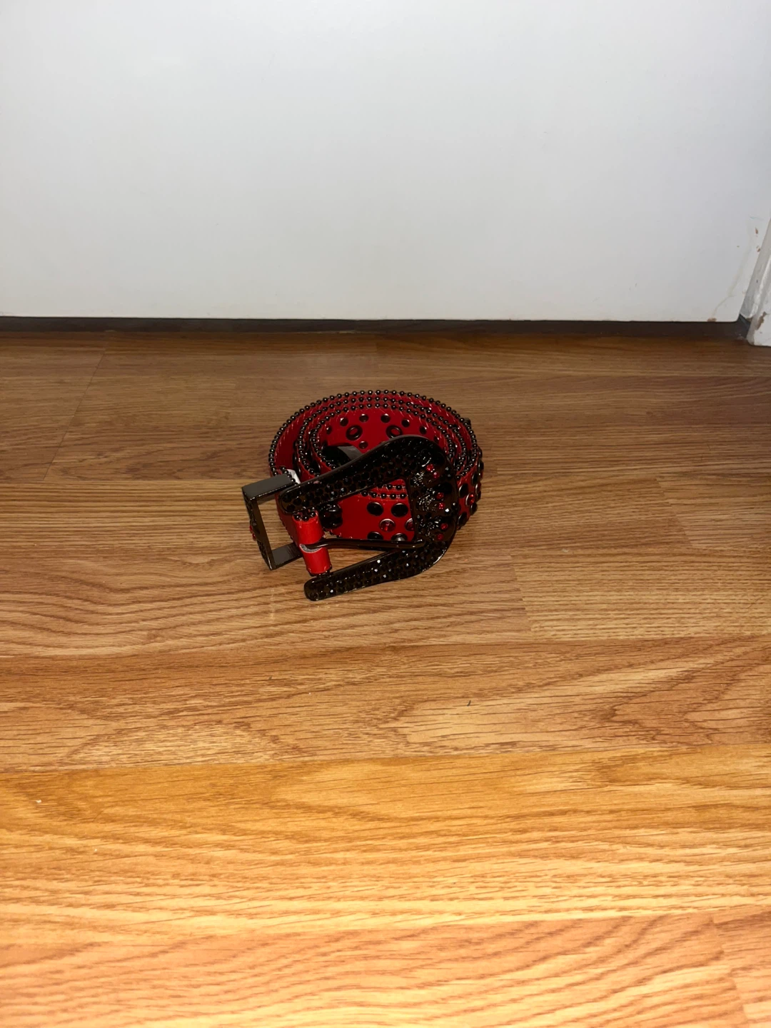 Red Embellished Belt with Skull Buckle