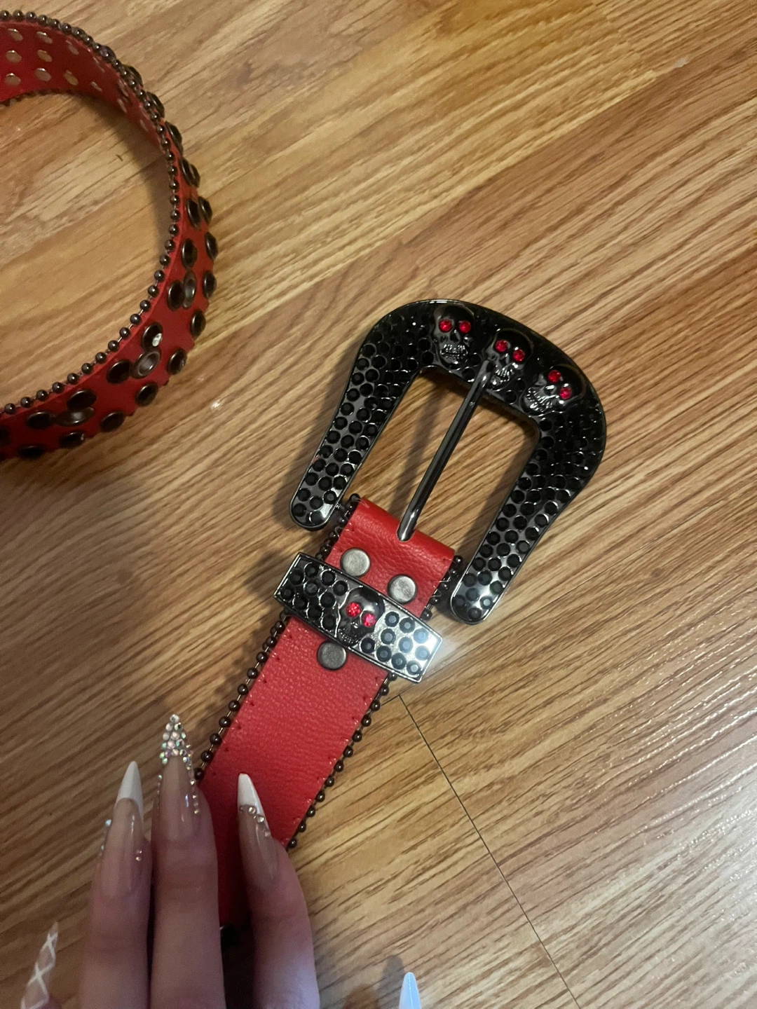 Red Embellished Belt with Skull Buckle - photo 3