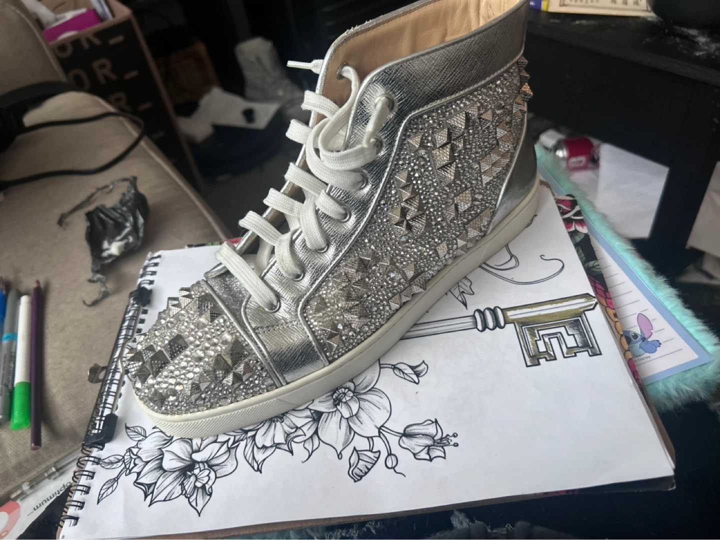 Christian Louboutin Silver Studded High-Top Sneakers