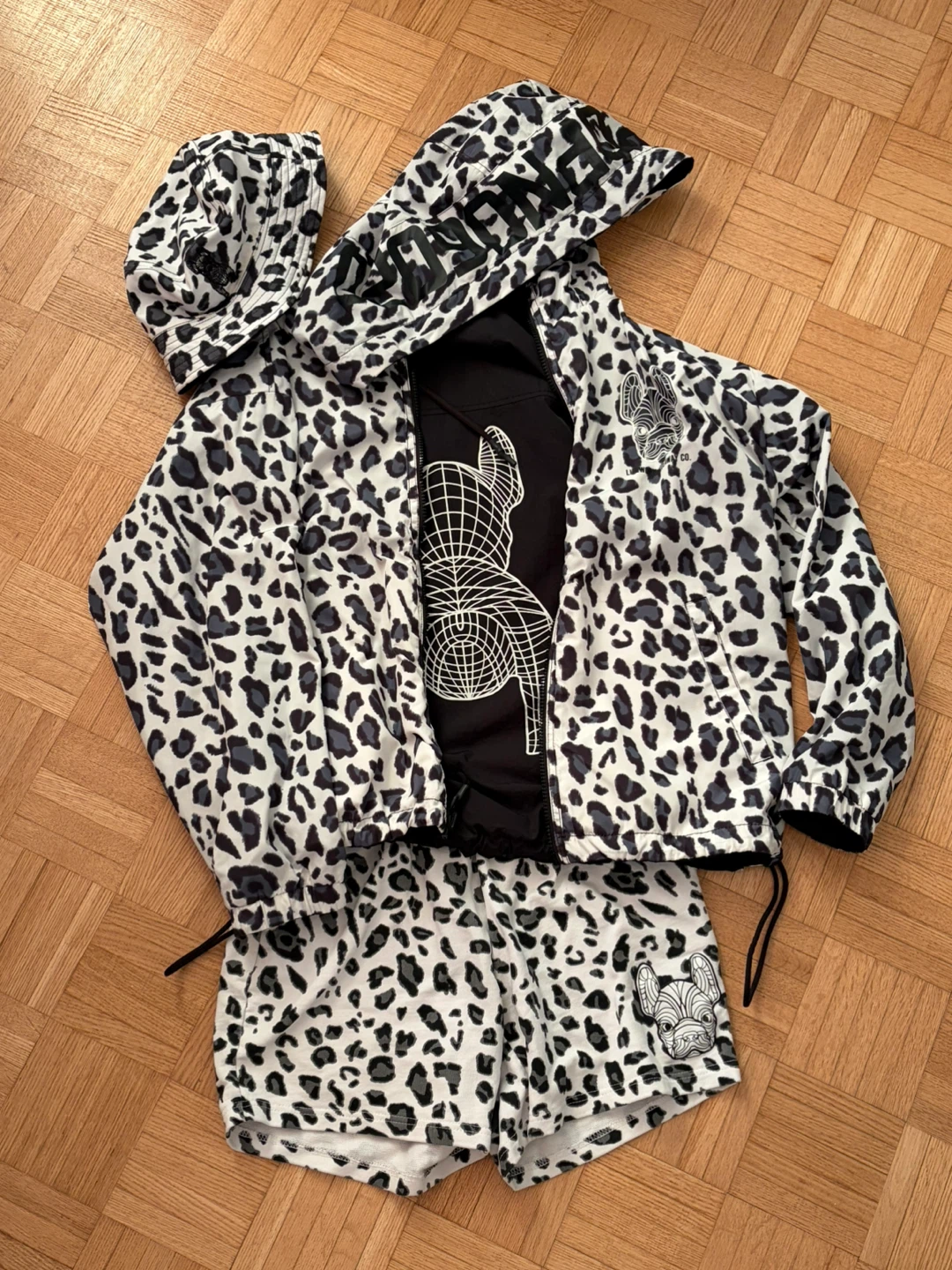 Reversible Leopard Track Jacket & Shorts & Bucket Hat Set