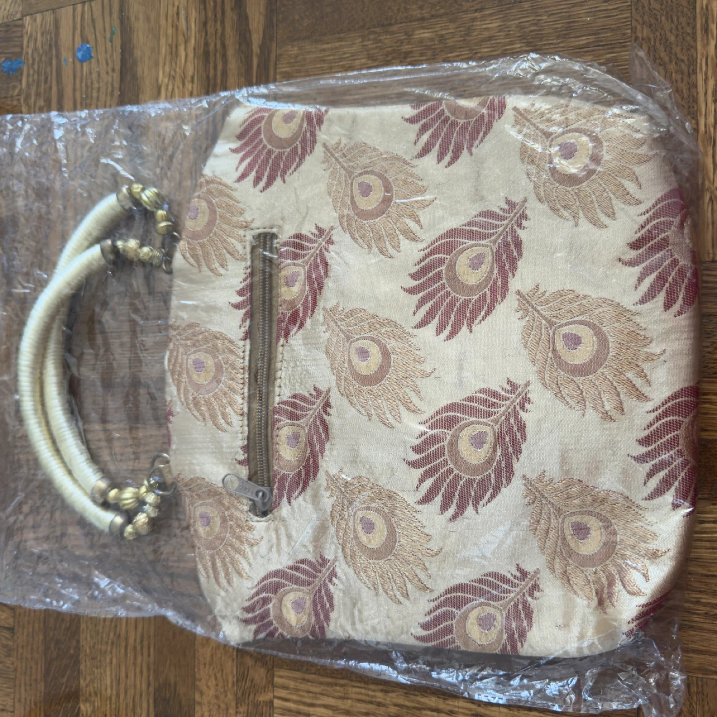 Beige Peacock Feather Clutch Purse