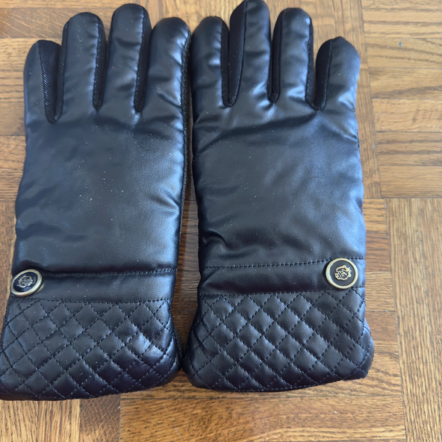 Black Quilted Gloves with Decorative Buttons