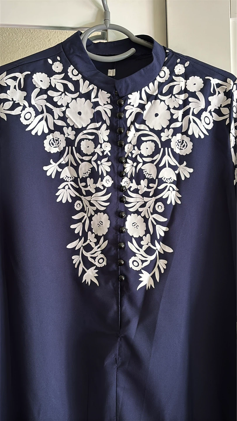 Navy Blue Embroidered Long Sleeve Dress - photo 3