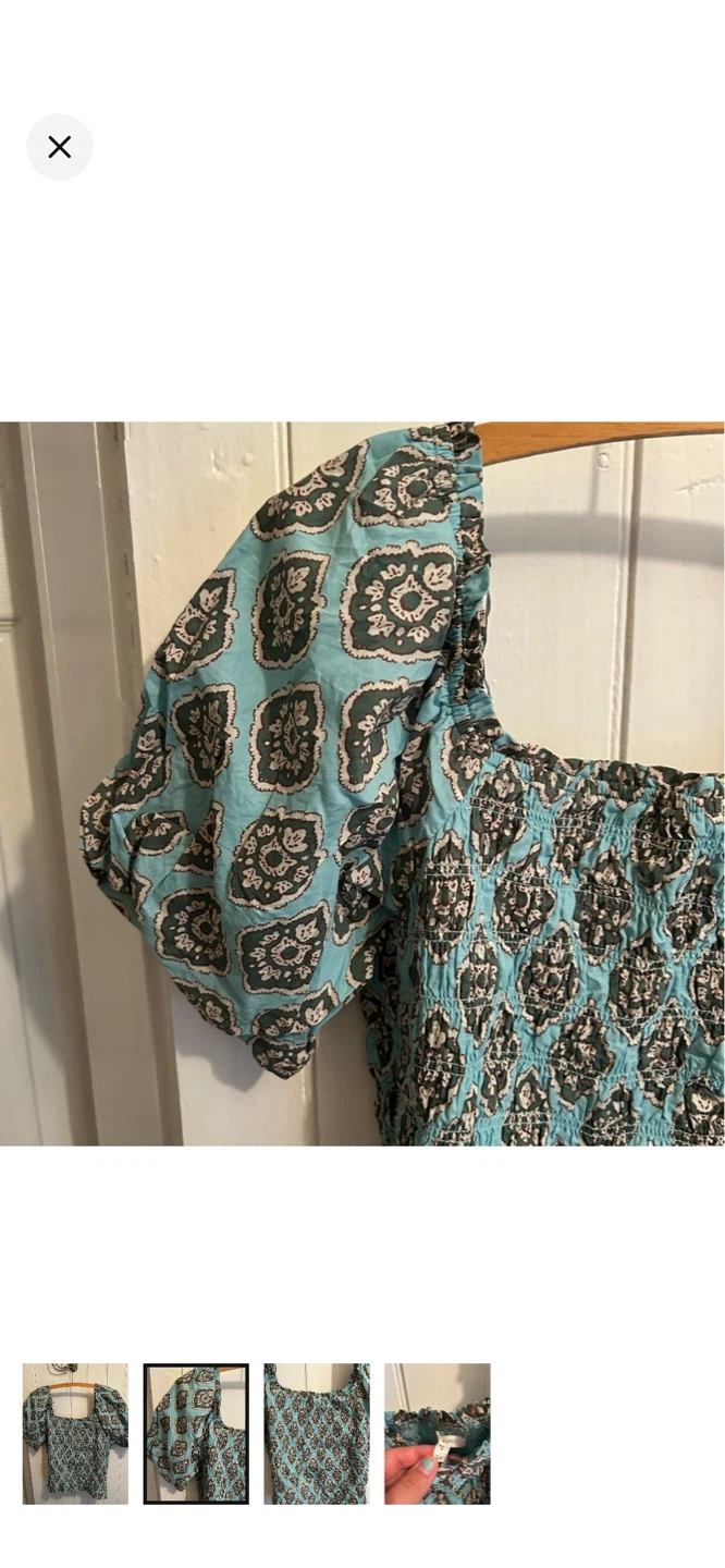 Teal patterned smocked puff sleeve top - photo 2
