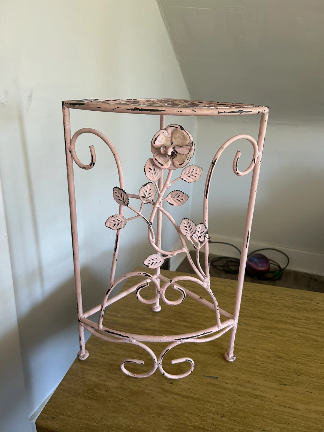 Pink Metal Plant Stand with Floral Design
